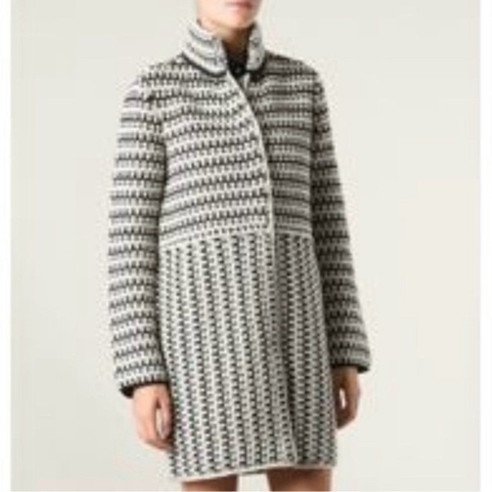 Tory Burch Maxeen Sweater Coat Knit Wool Blend Black White Funnel Neck Medium